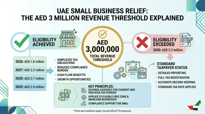 Infographic showing AED 3 million Small Business Relief revenue threshold in the UAE